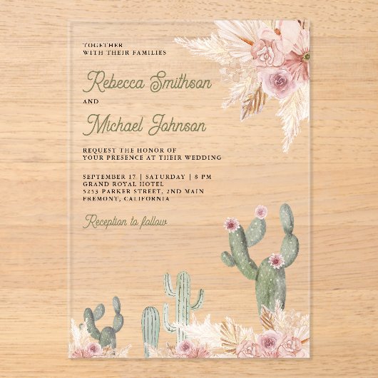 Pink Floral Pampas Cactus Wedding アクリル招待状 (正面)
