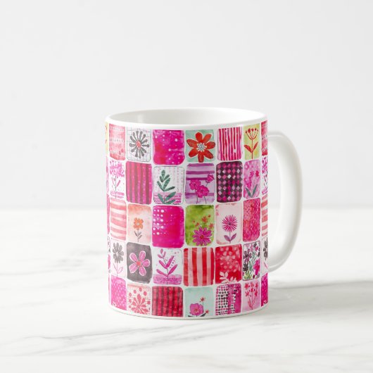 Pink Floral Patchwork コーヒーマグカップ (正面右)