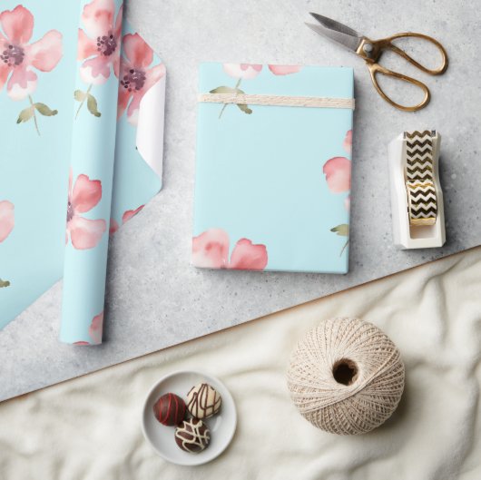 Pink Floral Pattern Wrapping Paper – Soft Blue  ラッピングペーパー (クラフト)
