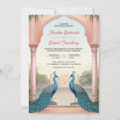 Pink Floral Peacocks Royal Indian Palace Wedding 招待状 (正面)