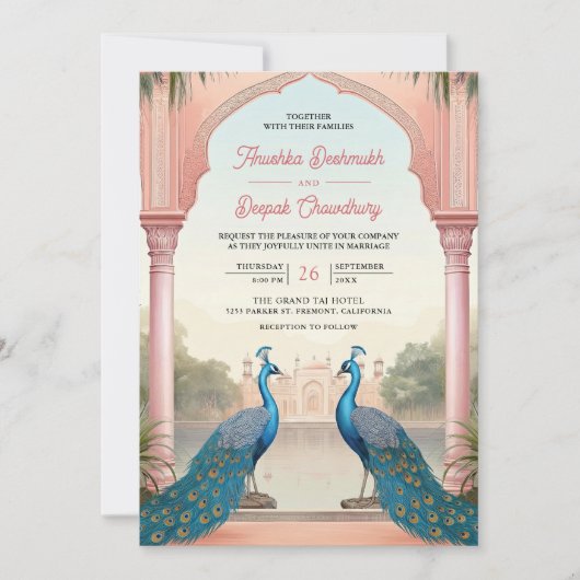 Pink Floral Peacocks Royal Indian Palace Wedding 招待状 (正面)