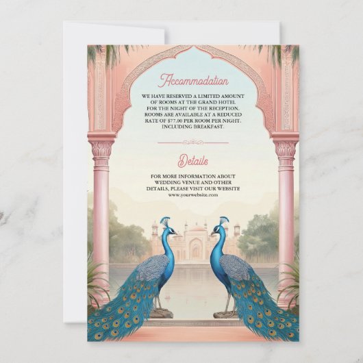 Pink Floral Peacocks Royal Indian Palace Wedding 招待状 (裏面)