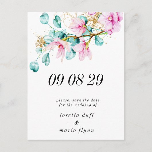 Pink Floral Photo Save the date  Postcard ポストカード (正面)
