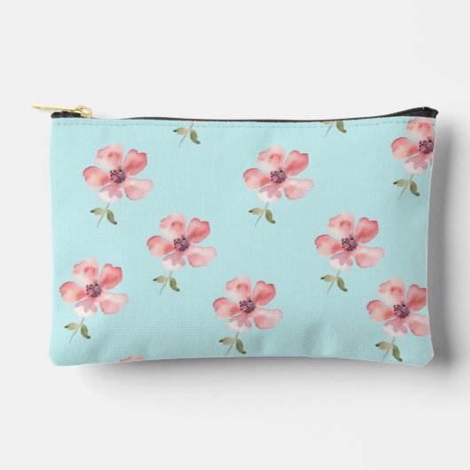 Pink Floral Pouch – Blue Pastel Pattern アクセサリーポーチ (正面)