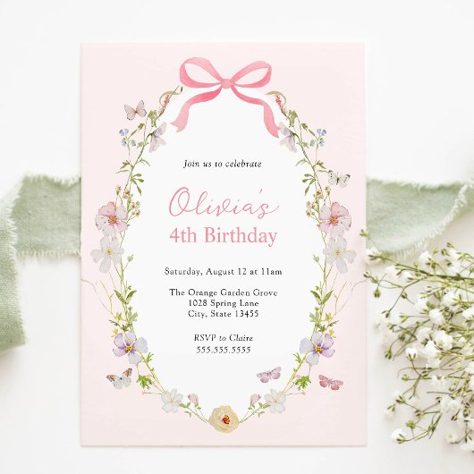 Pink Floral Pretty Bow Birthday Invitation 招待状