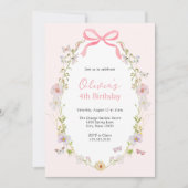 Pink Floral Pretty Bow Birthday Invitation 招待状 (正面)