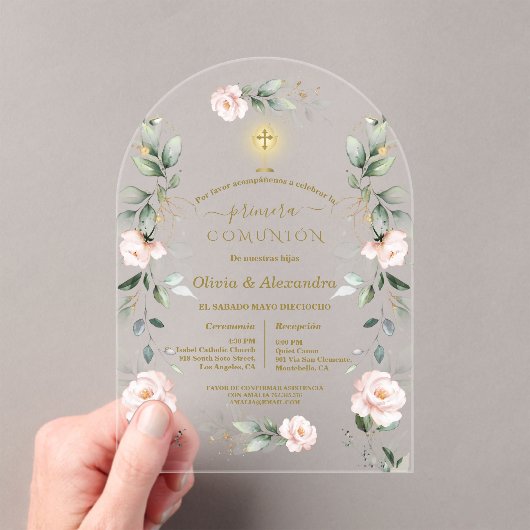 Pink Floral Primera Comunión Twins Holy Communion アクリル招待状 (インサイチュ (ポータブル))