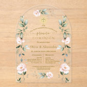 Pink Floral Primera Comunión Twins Holy Communion アクリル招待状 (正面)
