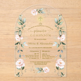 Pink Floral Primera Comunión Twins Holy Communion アクリル招待状