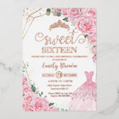 Pink Floral Princess Dress Sweet 16 Rose Gold 箔招待状 (正面)