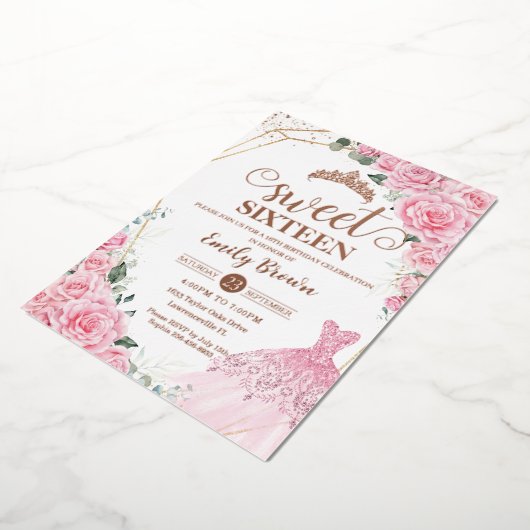 Pink Floral Princess Dress Sweet 16 Rose Gold 箔招待状 (回転した状態)