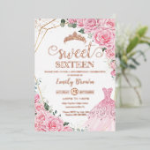 Pink Floral Princess Dress Sweet 16 Rose Gold 箔招待状 (立ち正面)
