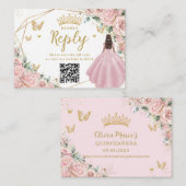 Pink Floral Princess Quinceanera RSVP QR Code エンクロージャーカード (正面/裏面)