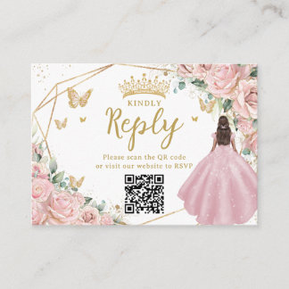 Pink Floral Princess Quinceanera RSVP QR Code エンクロージャーカード