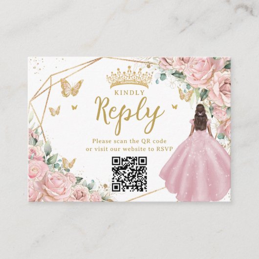 Pink Floral Princess Quinceanera RSVP QR Code エンクロージャーカード (正面)