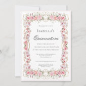 Pink Floral Quinceañera Elegant Celebration 15 招待状 (正面)