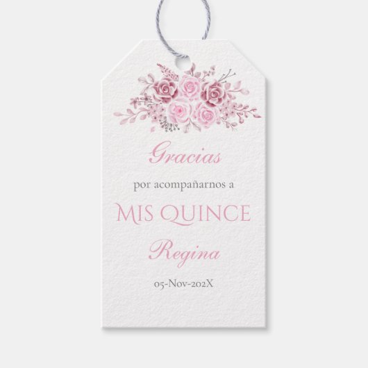 Pink Floral Quinceanera Gift Tag Spanish ギフトタグ (正面)