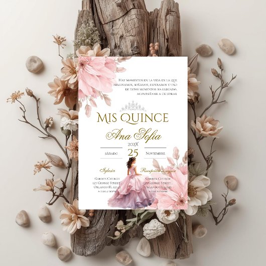 Pink Floral Quinceanera invitation Spanish 招待状