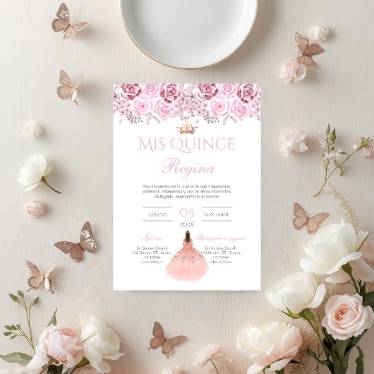 Pink Floral Quinceañera Spanish  招待状