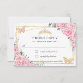 Pink Floral Quinceañera Sweet 16 Butterflies Reply 出欠カード (正面)