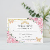 Pink Floral Quinceañera Sweet 16 Butterflies Reply 出欠カード (スタンド正面)