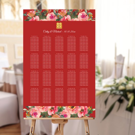 Pink floral red chinese wedding seating chart  ポスター