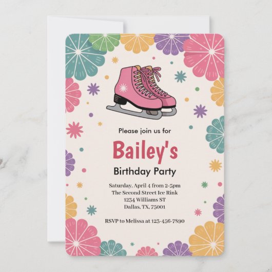 Pink Floral Retro Ice Skating Birthday 招待状 (正面)