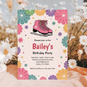 Pink Floral Retro Ice Skating Birthday 招待状