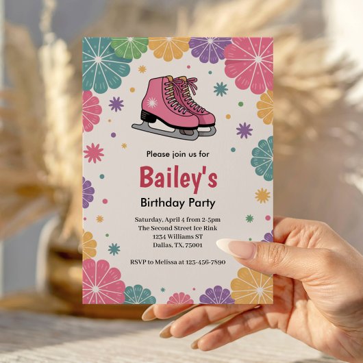 Pink Floral Retro Ice Skating Birthday 招待状