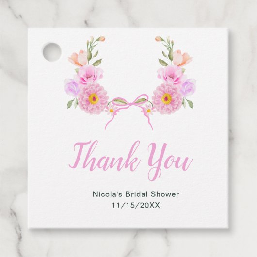Pink Floral Ribbon Bridal Shower フェイバータグ (正面)