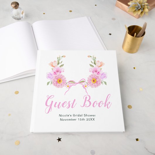 Pink Floral Ribbon Bridal Shower Guest Book ゲストブック (正面見開き)