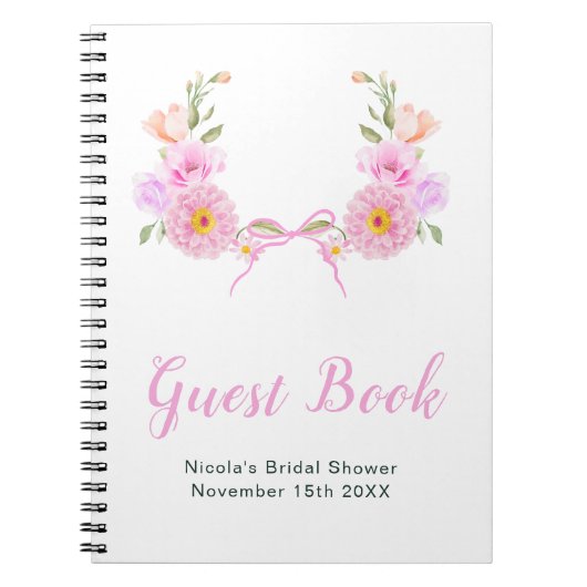 Pink Floral Ribbon Bridal Shower Guest Book ノートブック (正面)