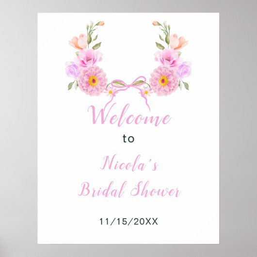 Pink Floral Ribbon Bridal Shower Welcome ポスター (正面)