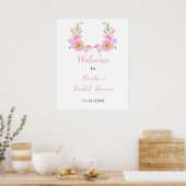Pink Floral Ribbon Bridal Shower Welcome ポスター (キッチン)