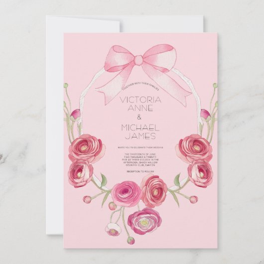 Pink Floral Ribbon Wedding Invitation 招待状 (正面)