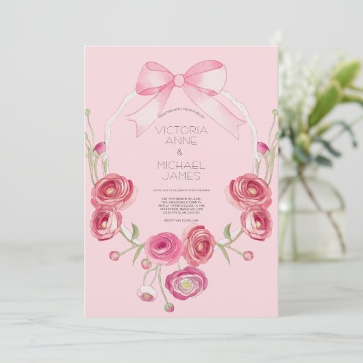 Pink Floral Ribbon Wedding Invitation 招待状 (スタンド正面)
