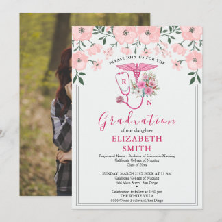 Pink Floral RN Nursing Graduation Invitation | BSN 招待状