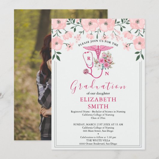 Pink Floral RN Nursing Graduation Invitation | BSN 招待状 (正面/裏面)