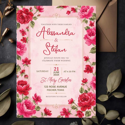 Pink Floral Romantic Rose Elegant Garden アクリル招待状