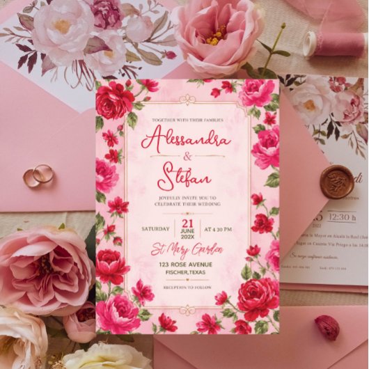 Pink Floral Romantic Rose Elegant Garden 招待状