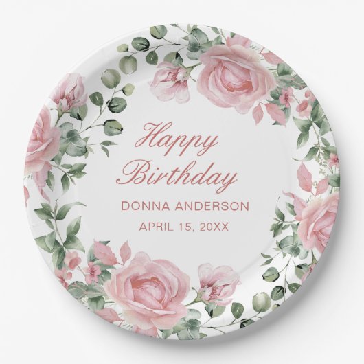 Pink Floral Rose Birthday Party Plate ペーパープレート (正面)