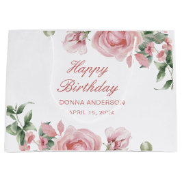 Pink Floral Rose Birthday Party Plate ラージペーパーバッグ
