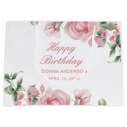 Pink Floral Rose Birthday Party Plate ラージペーパーバッグ (正面)