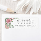 Pink Floral Rose Eucalyptus Wedding Return Address ラベル (インサイチュ)