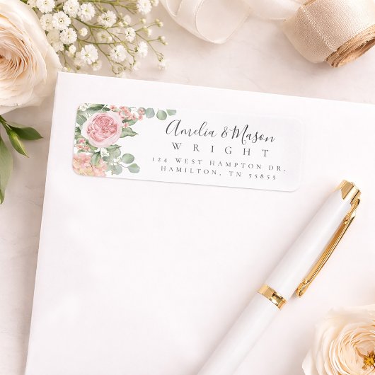 Pink Floral Rose Eucalyptus Wedding Return Address ラベル
