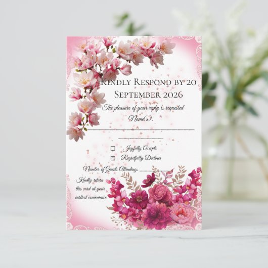 Pink Floral RSVP Card on White (スタンド正面)