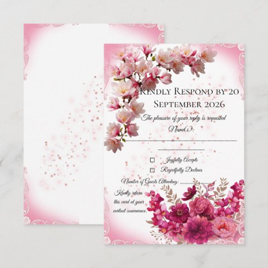 Pink Floral RSVP Card on White (正面/裏面)