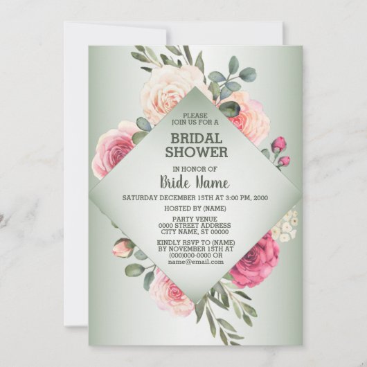 Pink Floral Rustic Geometric Green Bridal Shower 招待状 (正面)