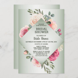 Pink Floral Rustic Geometric Green Bridal Shower 招待状