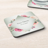 Pink Floral Rustic Geometric Green Party コースター (左側)